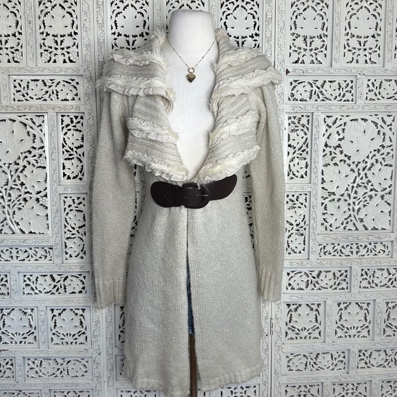 Cynthia Rowley Sweaters - Cynthia Rowley Wool Blend Neutral Faux Fur Collar Belted Cardigan Sz Small